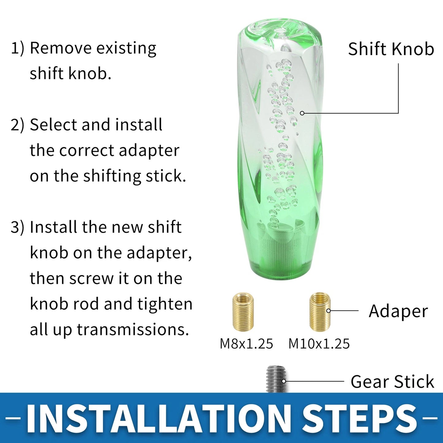Set of 1 Shift Knob with 2 Adapters for Universal Fit (15cm, Light Green)