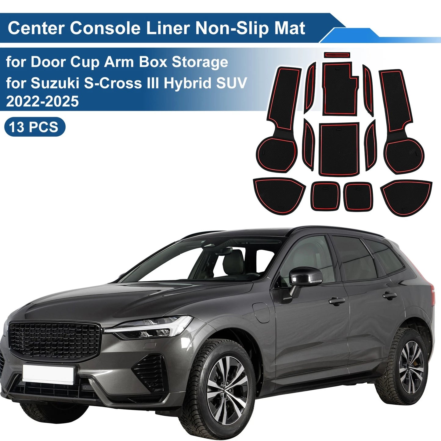13 Pcs Non-Slip Mat for Suzuki S-Cross III Hybrid SUV (2022–2025) PVC Red