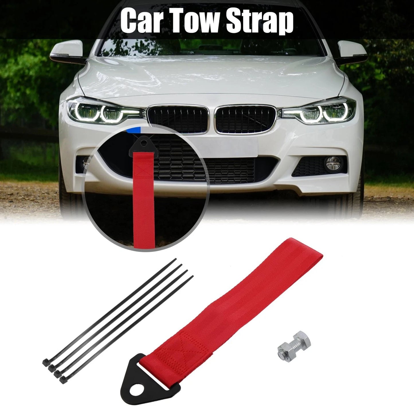 Set of 1 Front Bumper Tow Strap for Universal Vehicles - Nylon Red