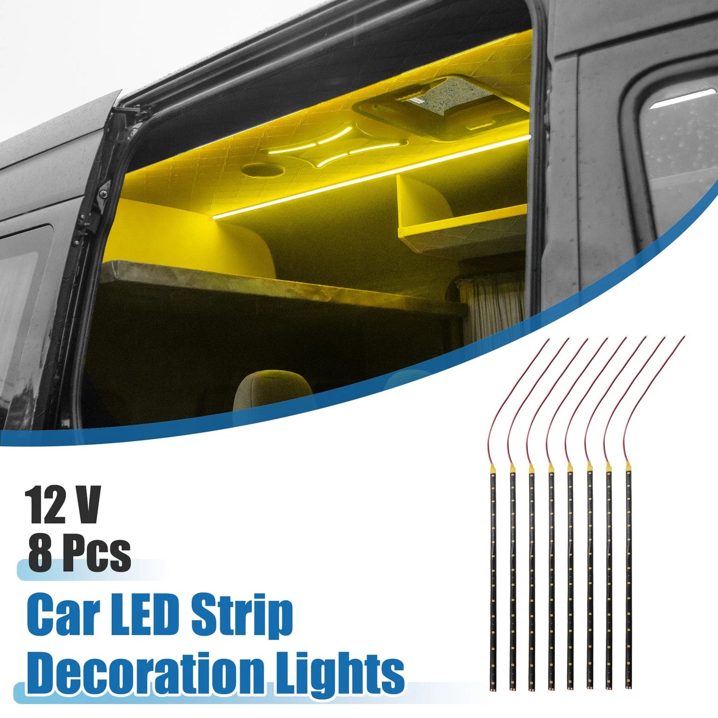 Set of 8 15 LED Strip Lights for Car Interior (12V, Yellow, 30cm)