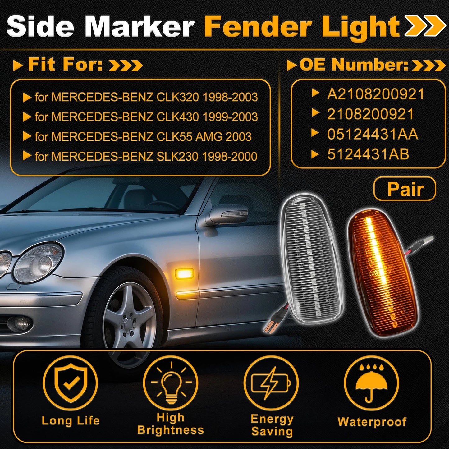 Set of 2 Side Marker Fender Lights A2108200921 for Mercedes-Benz CLK320 (1998–2003)