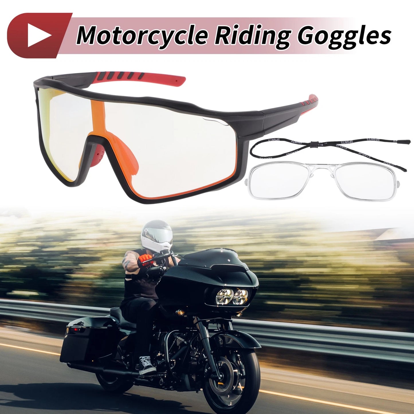 Motorcycle Riding Goggles for Various Models (Light Red Lens, Black Red Frame)