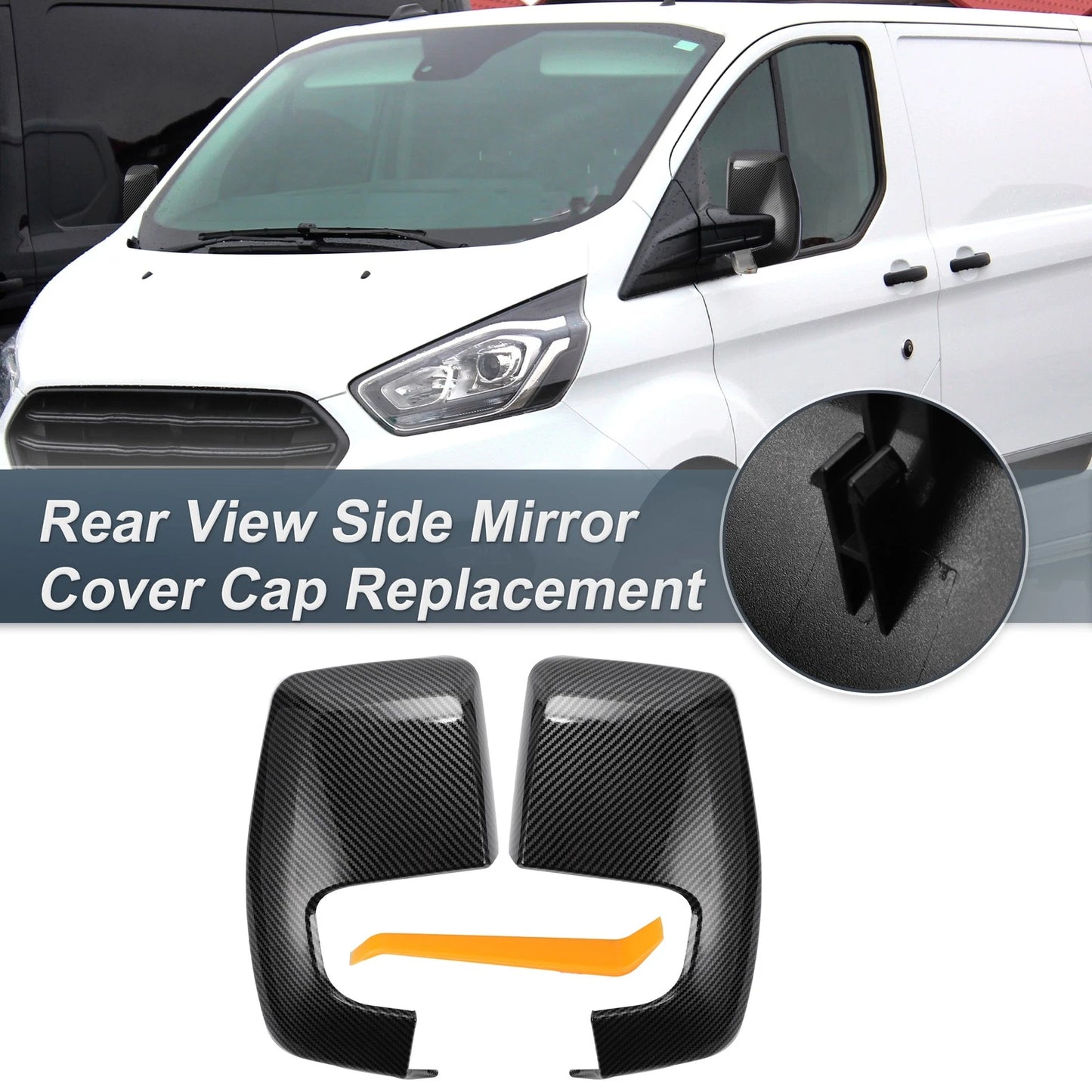 Set of 2 Rearview Mirror Cover Caps Black Carbon Fiber for Ford Transit Custom (2014–2023)