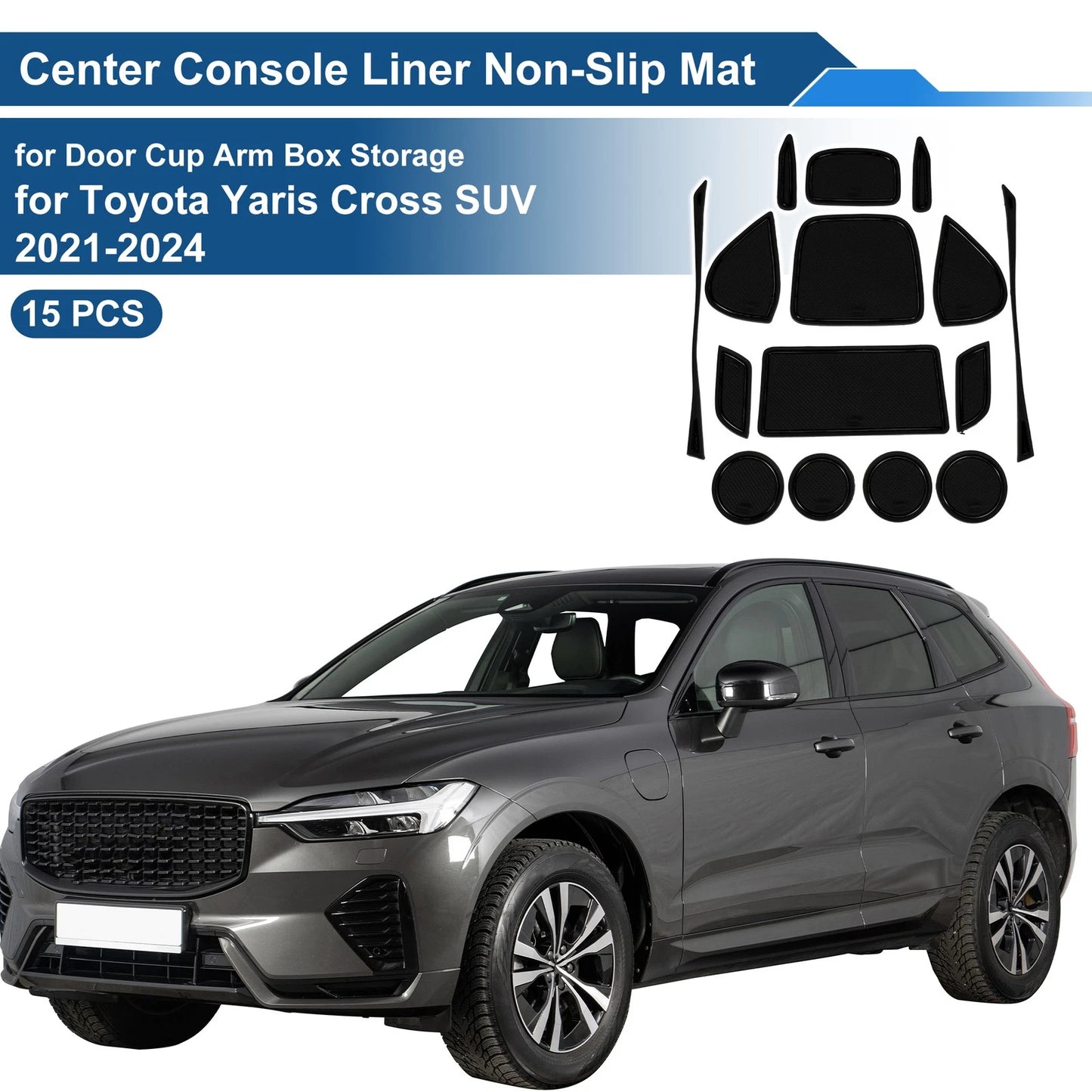 15 Pcs Non-Slip Mat for Toyota Yaris Cross (2021–2024) PVC Black