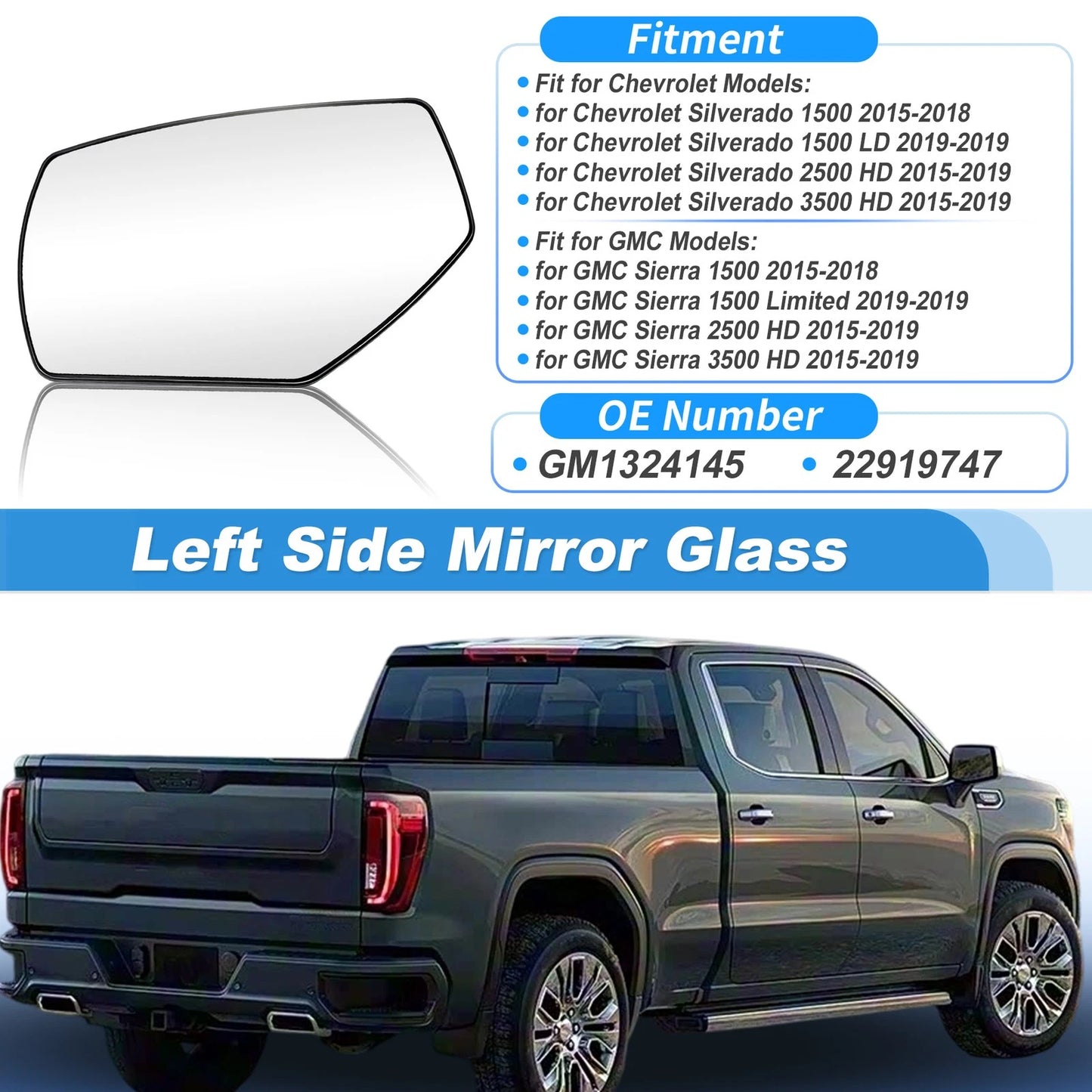 Left Heated Mirror Glass for GMC Sierra 1500 2500HD 3500HD (2015–2019) 22919747