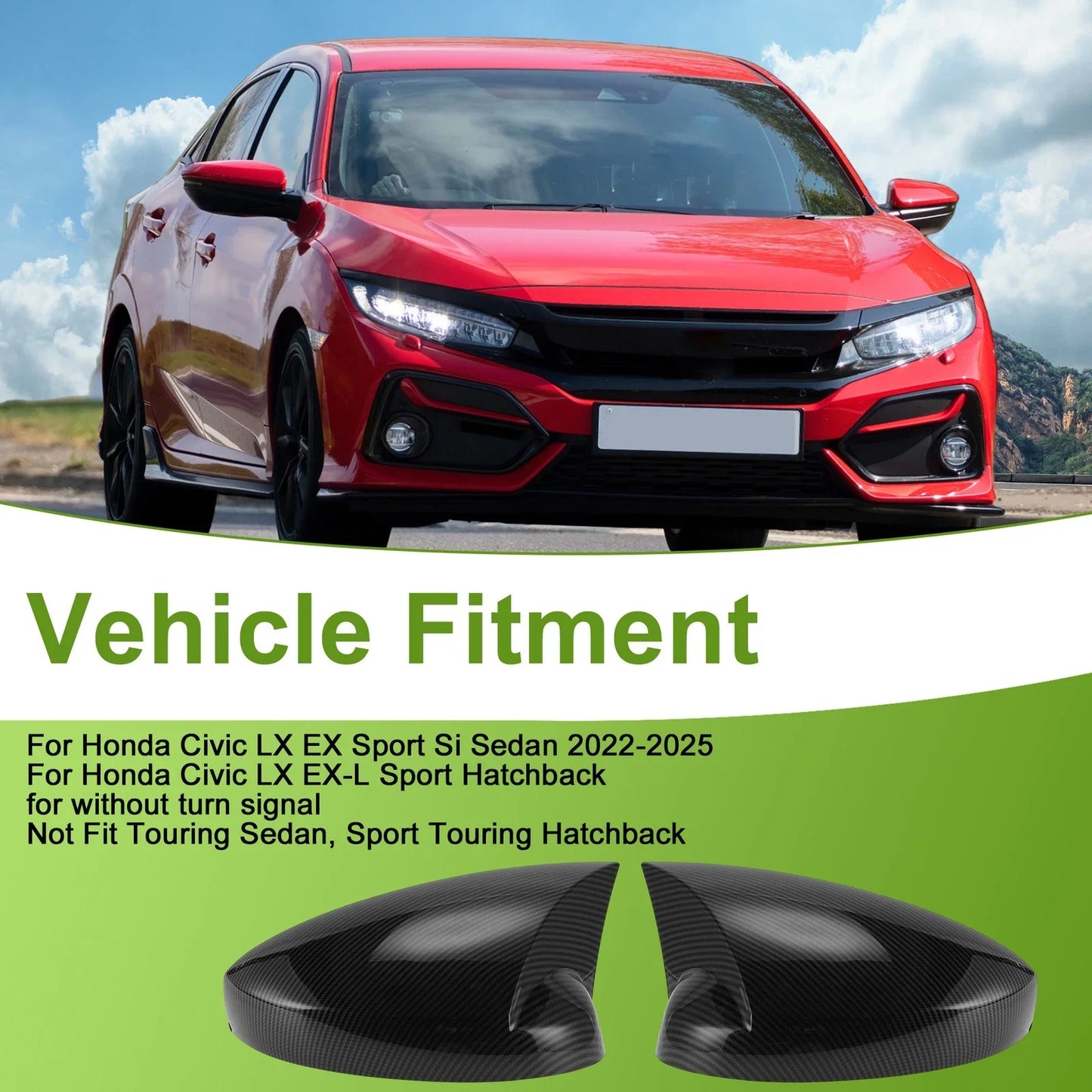 Mirror Cover Cap Replacement Black for Honda Civic LX EX Sport Si (2016-2021)