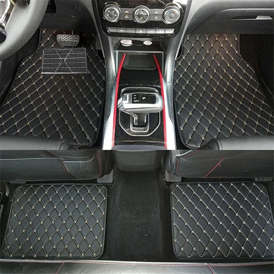 4Pcs Universal Waterproof PU Leather Car Floor Mats Black & Beige