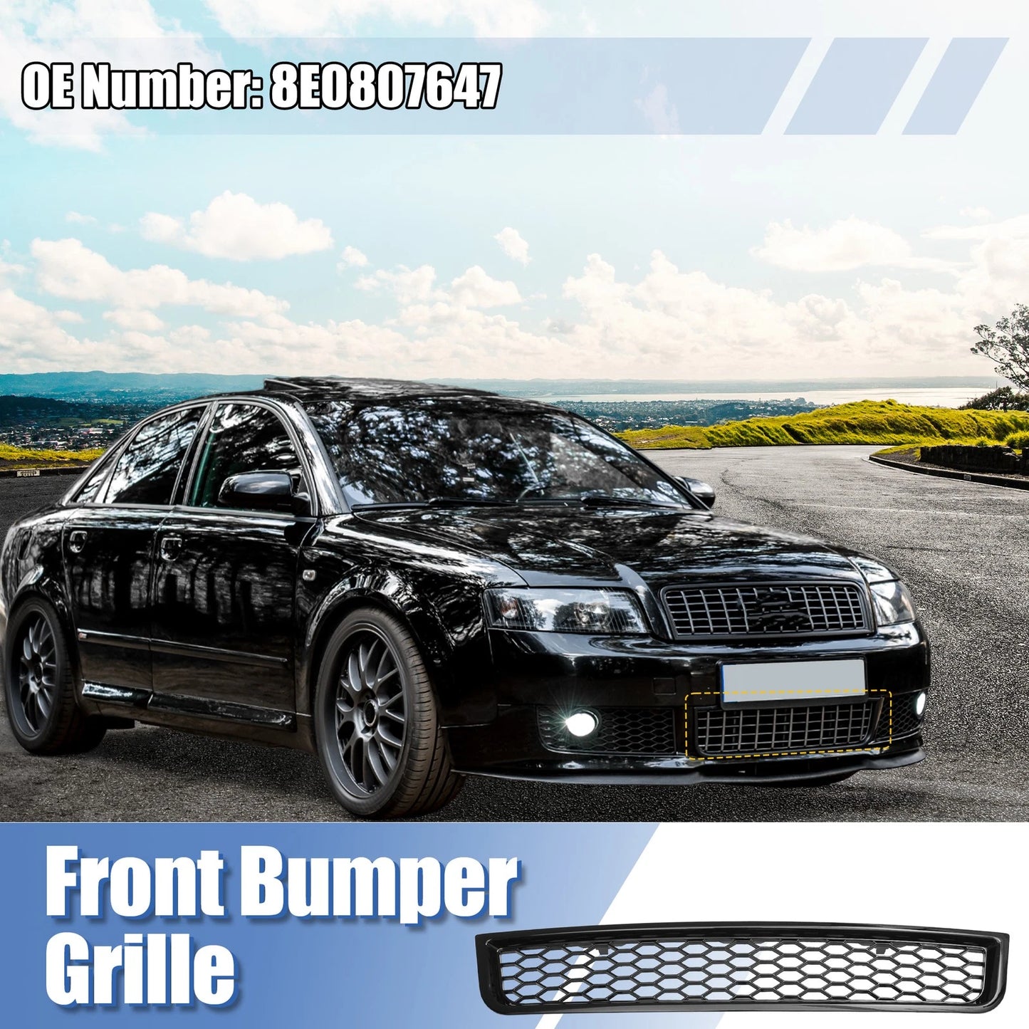 Front Bumper Grille for Audi A4 B6 Sedan (2002–2005) No. 8E0807647 Black Plastic