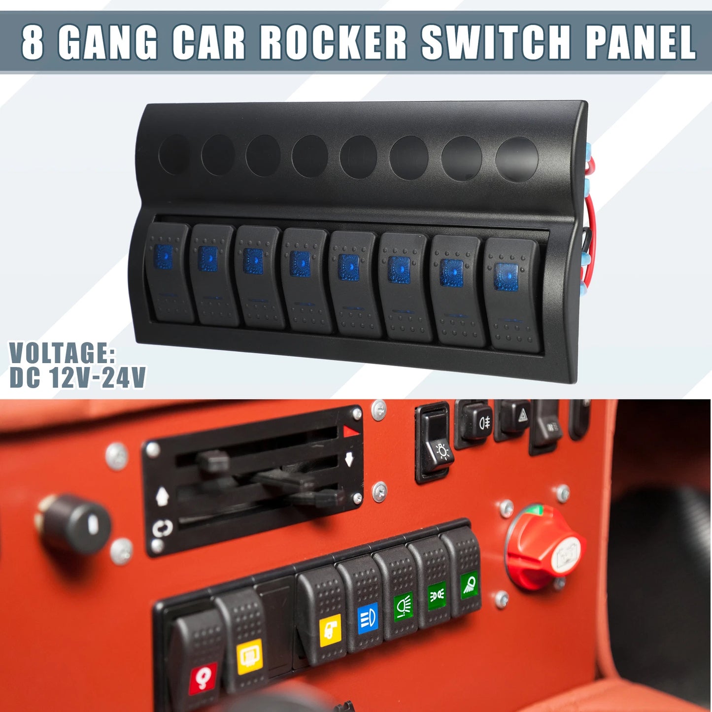 8 Gang Rocker Switch Panel for Auto (5 Pin Toggle Switch, Blue LED Light)