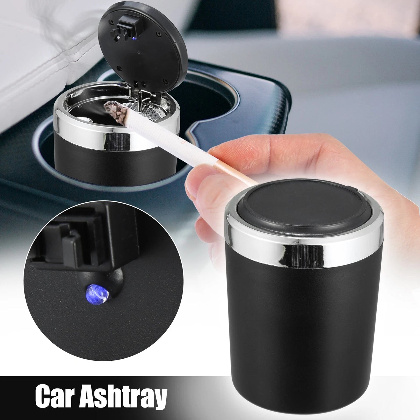 Universal Car Ashtray Trash Can with LED Light - Black