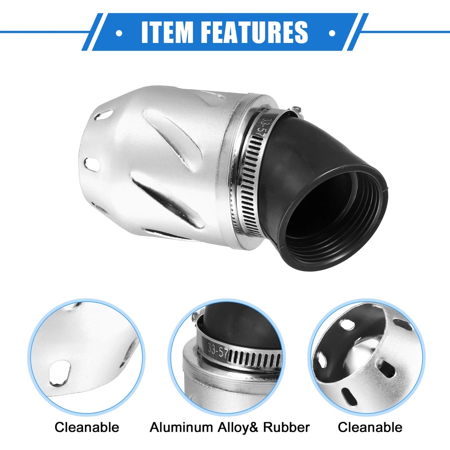 Universal Motorcycle Air Filter 26/35/42/48mm ID 140x70mm Silver Tone