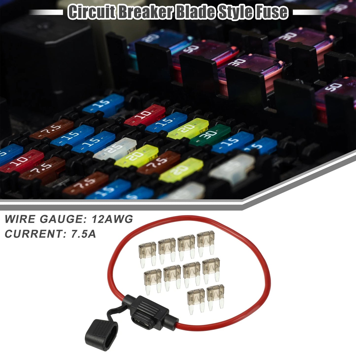 Set of 7.5A Mini Blade Fuses with 12 AWG Fuse Holder