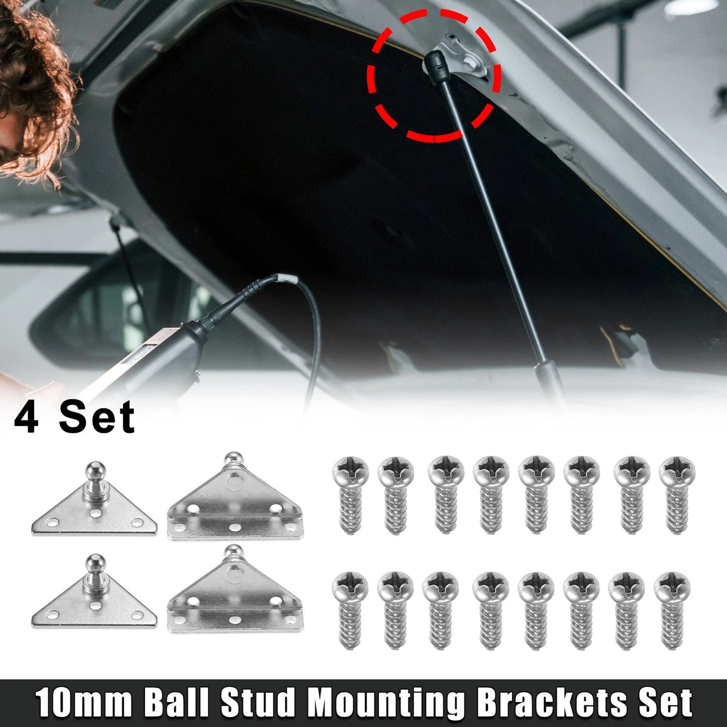 Set of 4 Silver Tone Ball Stud Mounting Brackets for Gas Strut Shocks