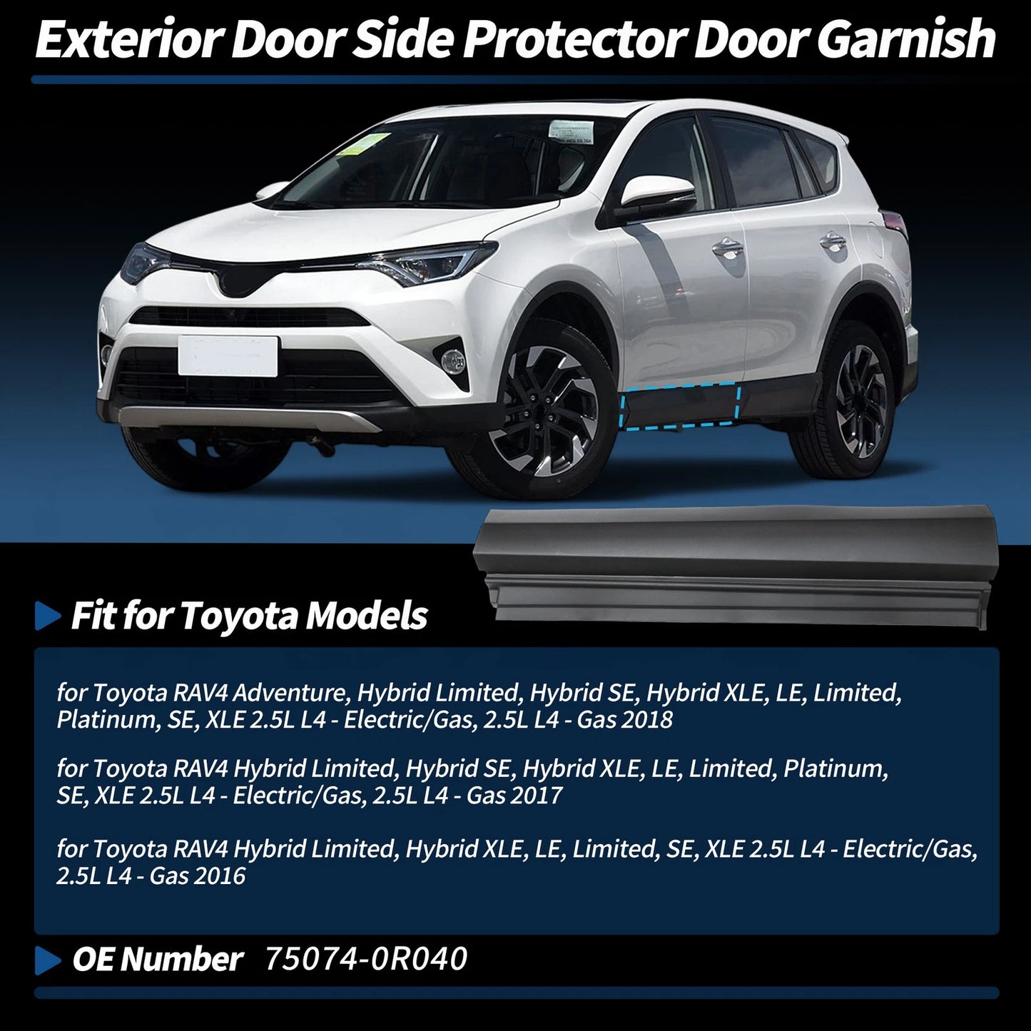 Rear Left Door Lower Trim Garnish for Toyota RAV4 (2016–2018) 75074-0R040