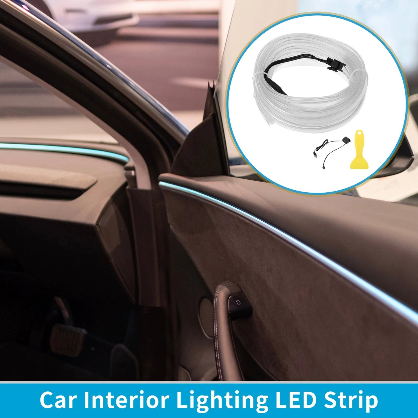 LED Strip Interior Lighting for Universal Cars (5m, USB 5V, Ice Blue)