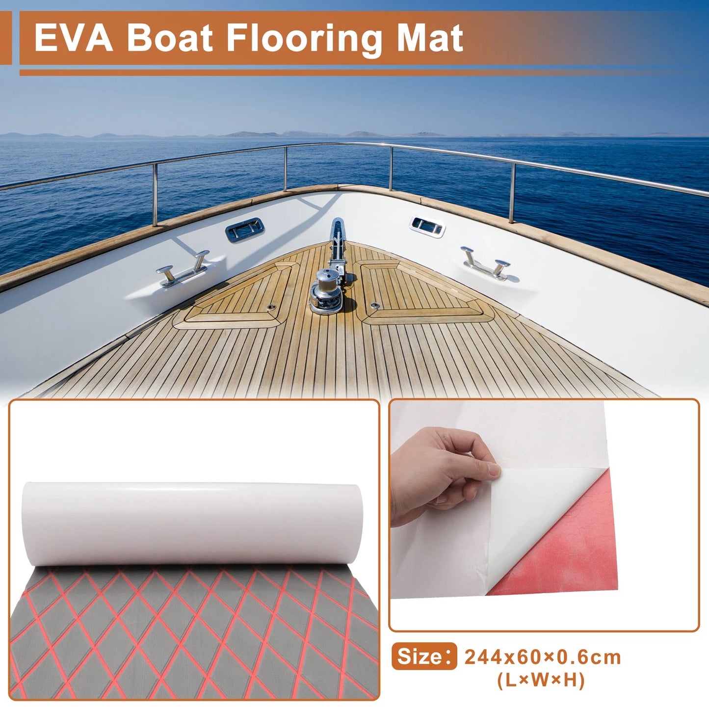 Self-Adhesive Boat Flooring Strip 96" L x 24" W Light Gray with Red Line