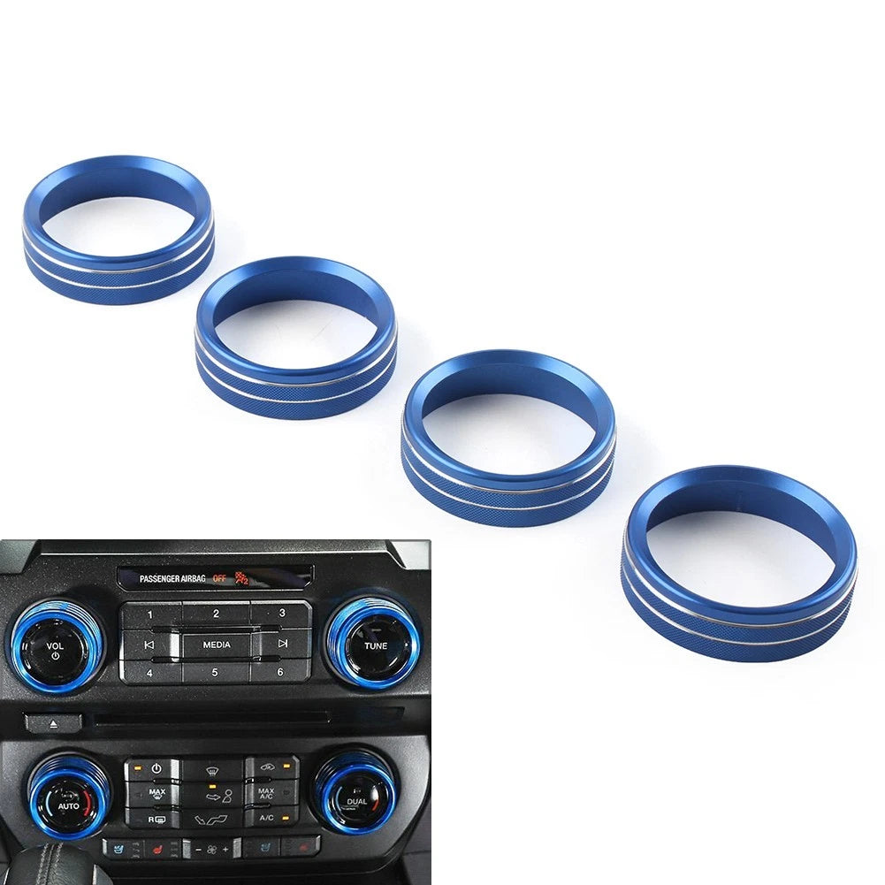 Set of 4 Air Conditioner Switch CD Button Ring Knob Trim for Ford F150 (2015–2020) Blue