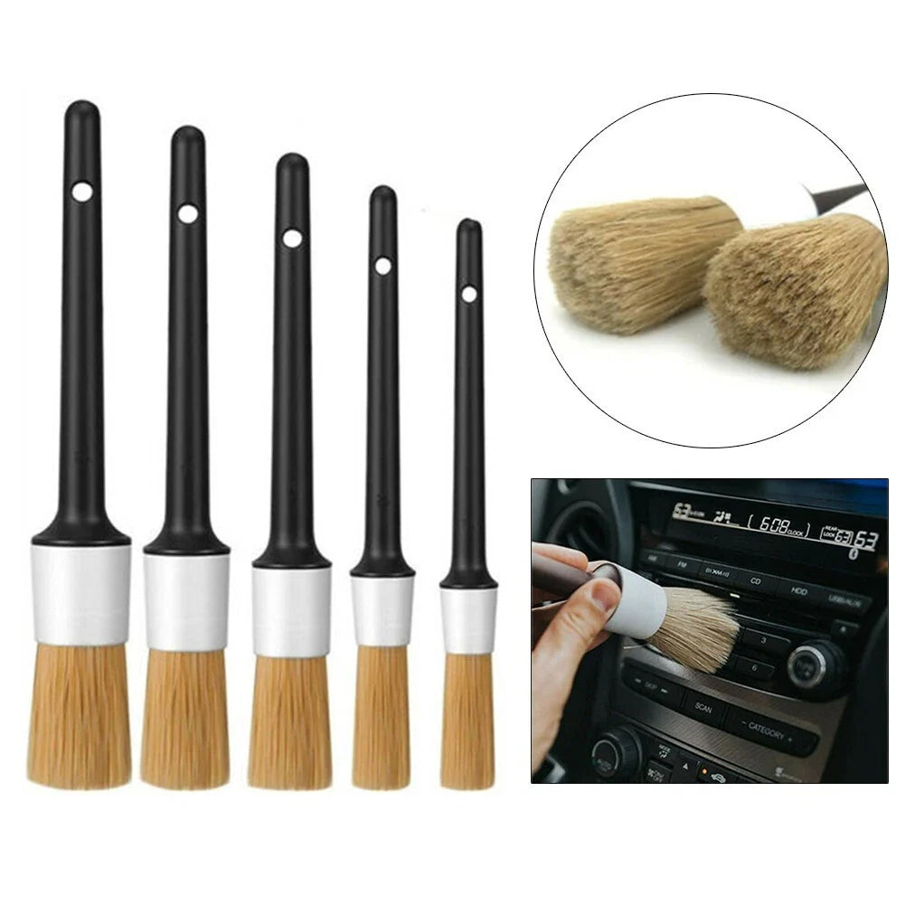 5 x Boar Hair Bristle Detailing Brushes for Car Cleaning Wheels Soft Easy Use