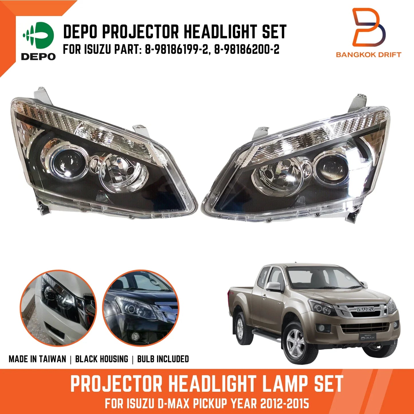 Black Projector Headlights for Isuzu D-Max Pickup (2012-2015) - H11 HB3