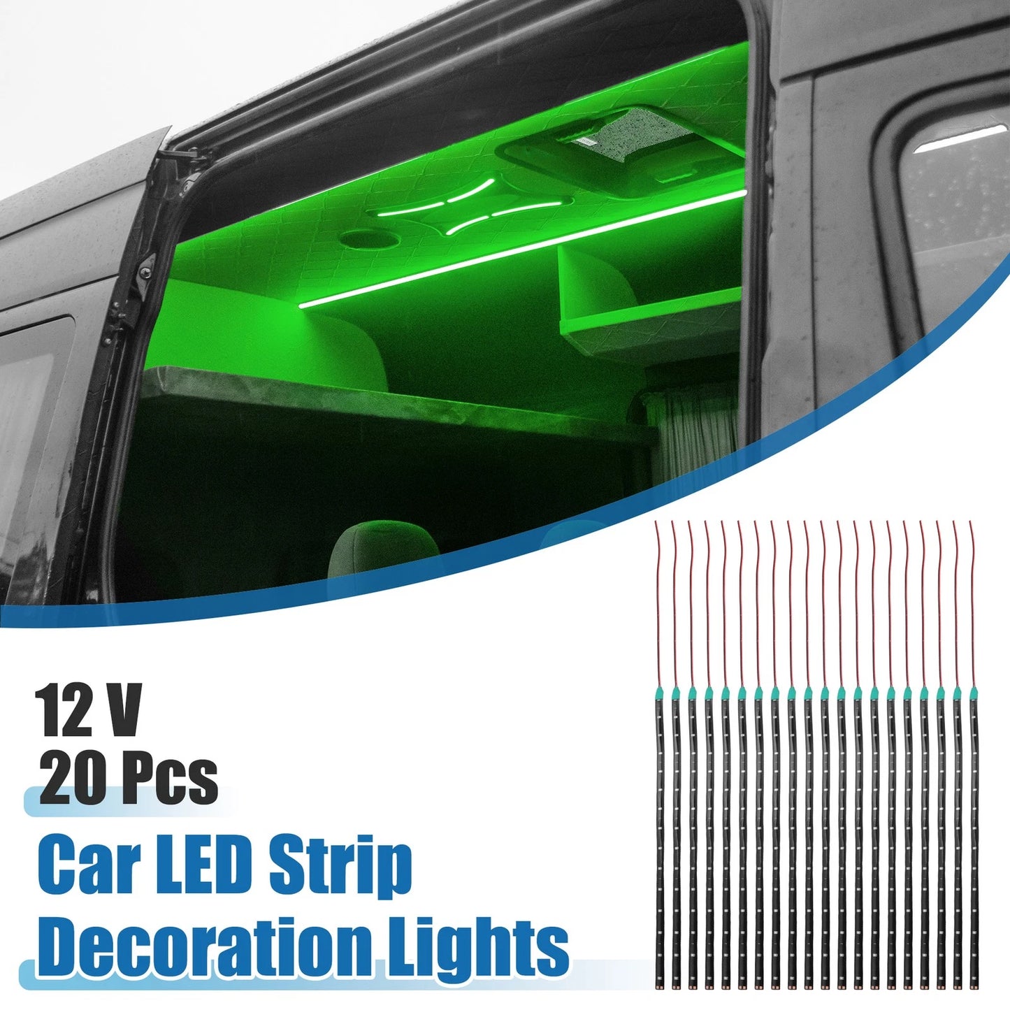 Set of 20 12V 15 LED Strip Lights for Car Interior (30cm, Green)