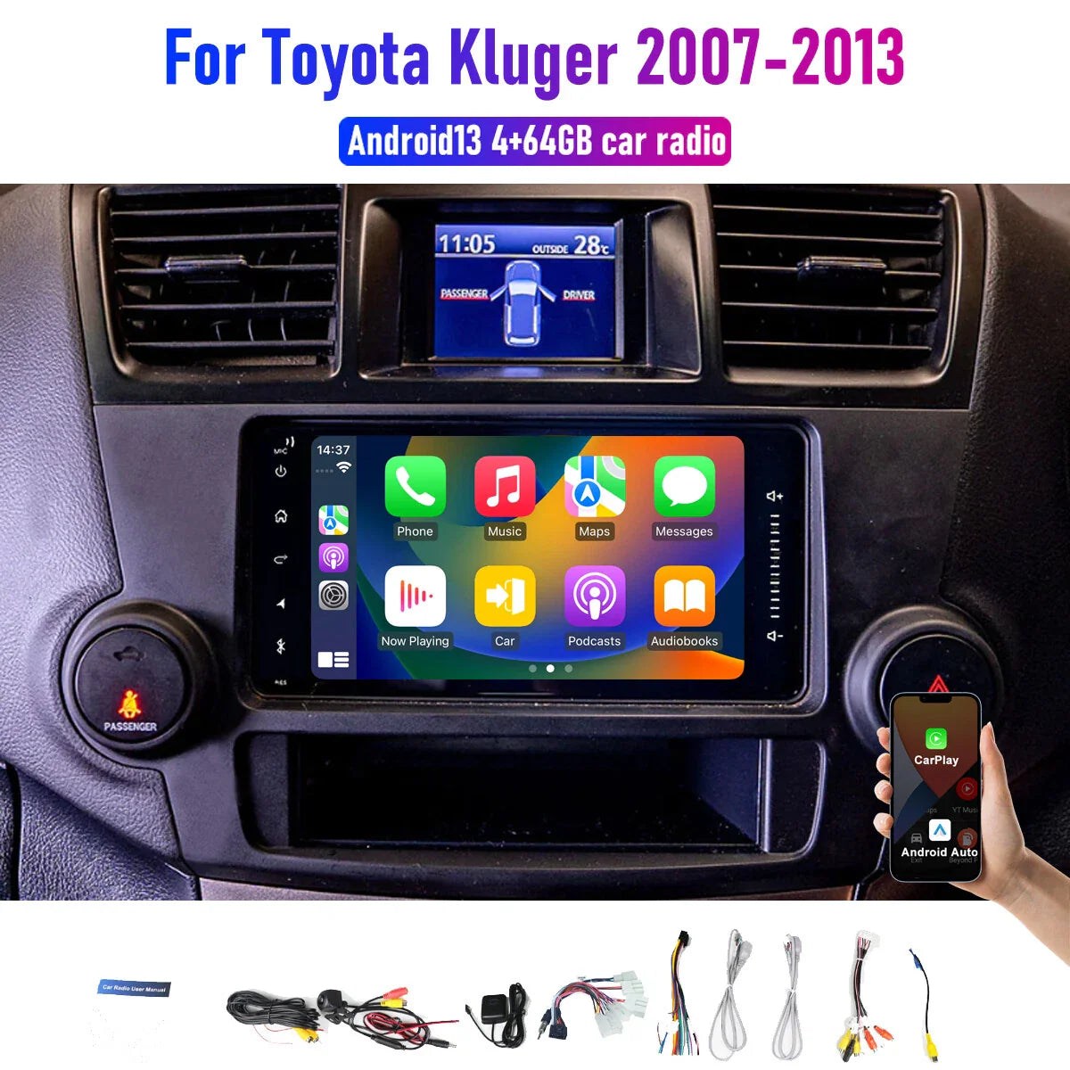 Apple CarPlay Android Auto BT Radio for Toyota Kluger (2007-2013)