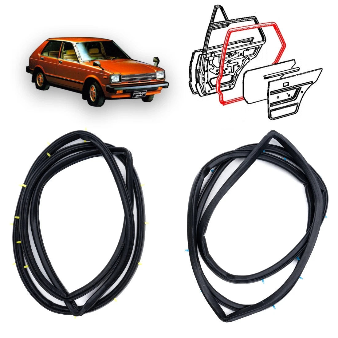 Set of 2 Rear Door Weatherstrip Seals for Toyota Starlet (1978–1984)