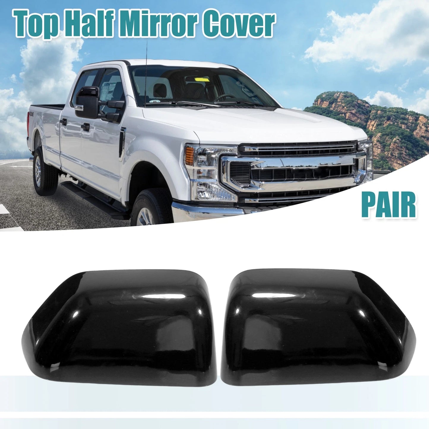 1 Pair Gloss Black Top Half Mirror Cover for Ford F-350 Super Duty (2017–2022)