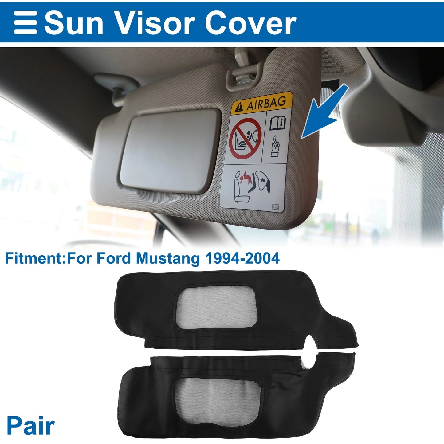 Sun Visor Cover Set for Ford Mustang (1994–2004) Left Right Faux Leather Black