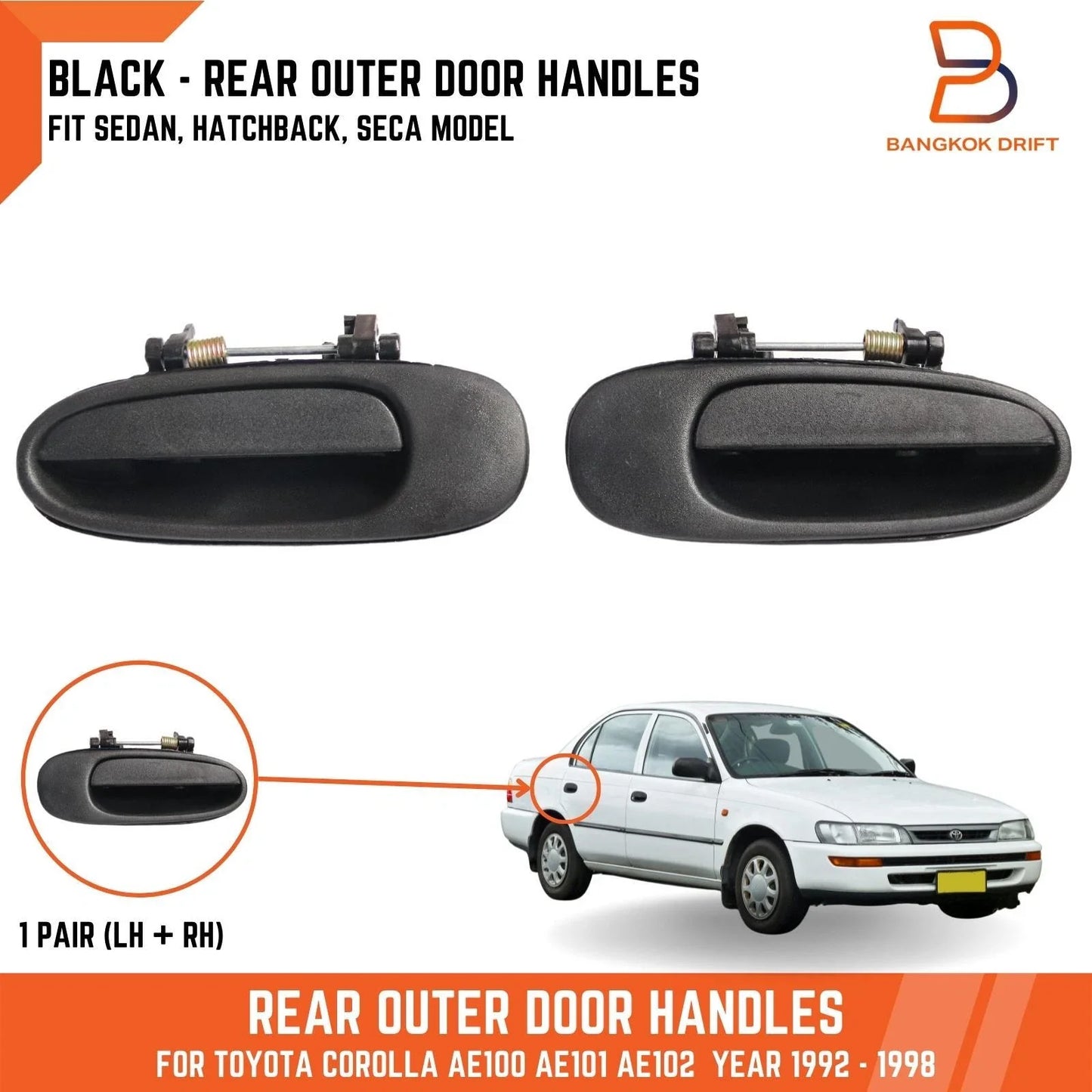 Black Rear Outer Door Handles for Toyota Corolla (1992-1998)