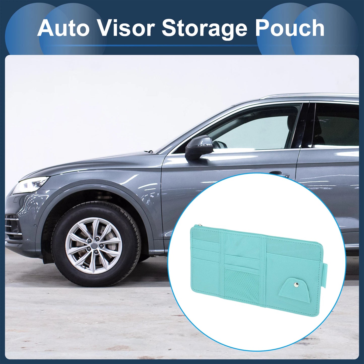 Sun Visor Organizer for Car (Light Blue, PU Leather)