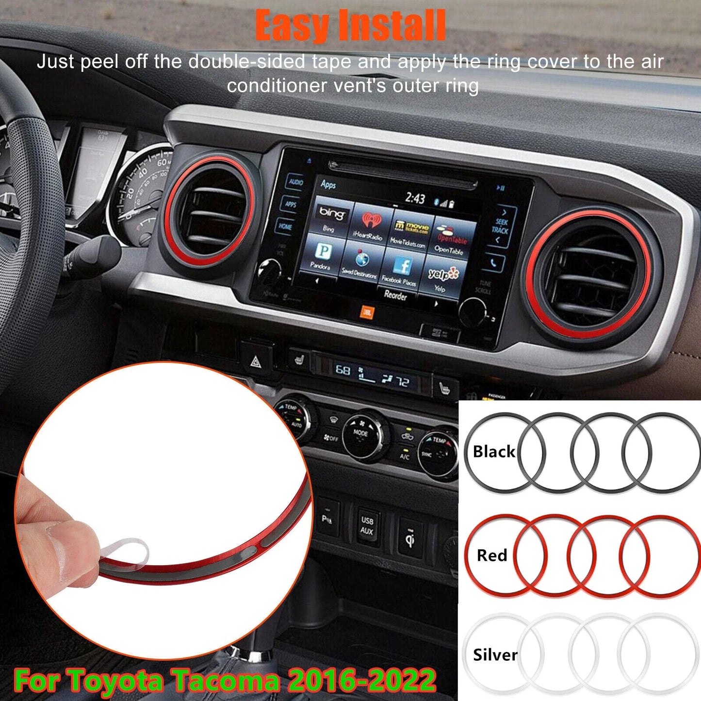 4x Interior A/C Vent Outlet Ring Trim Cover Decor for Toyota Tacoma (2016–2022)