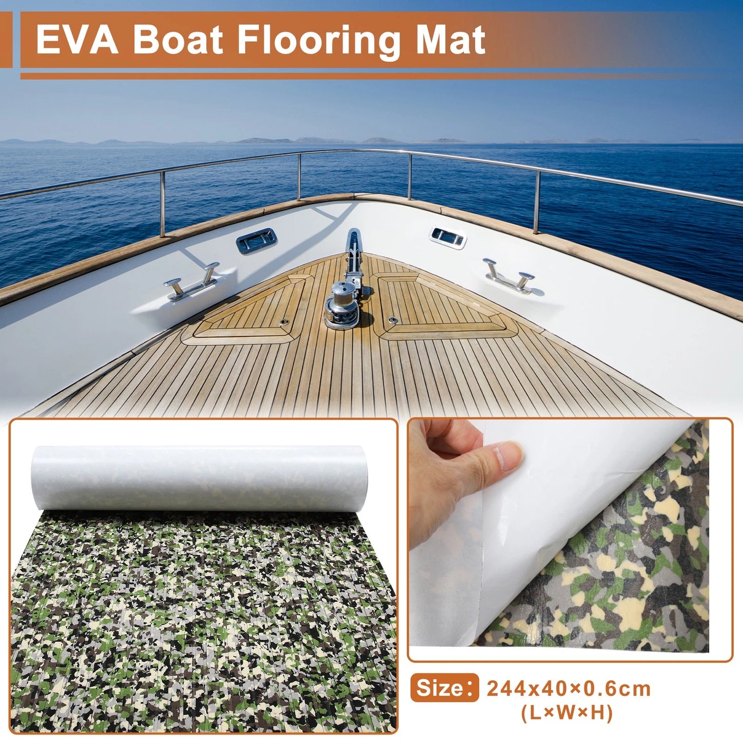 Self-Adhesive Boat Flooring Strip for Various Models (96" L x 16" W) Camo Green