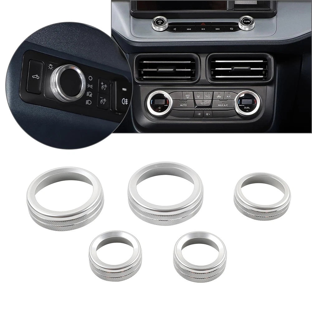 Set of 5 AC Headlight Radio Switch Knob Rings for Ford Maverick (2022–2023) Silver