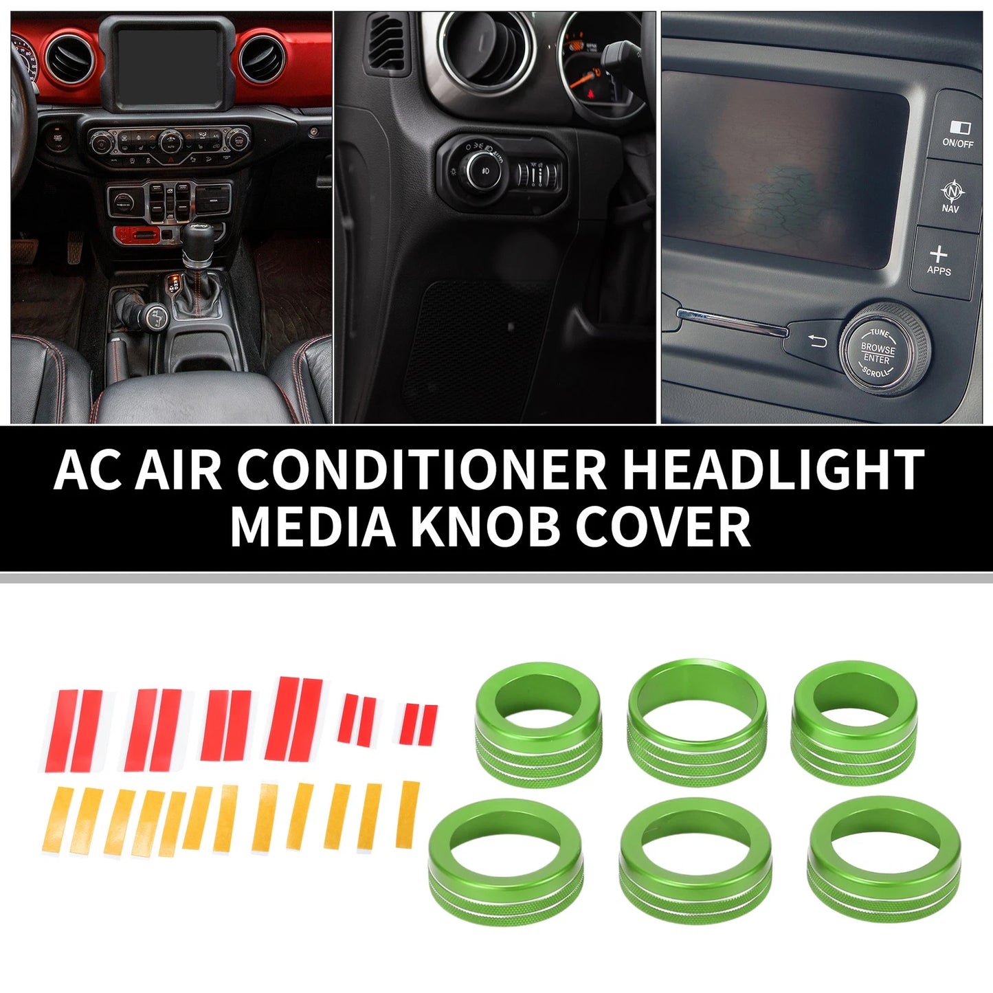 Set of 6 AC Headlight Media Switch Knob Cover Rings for Jeep Wrangler (2018–2023) Green