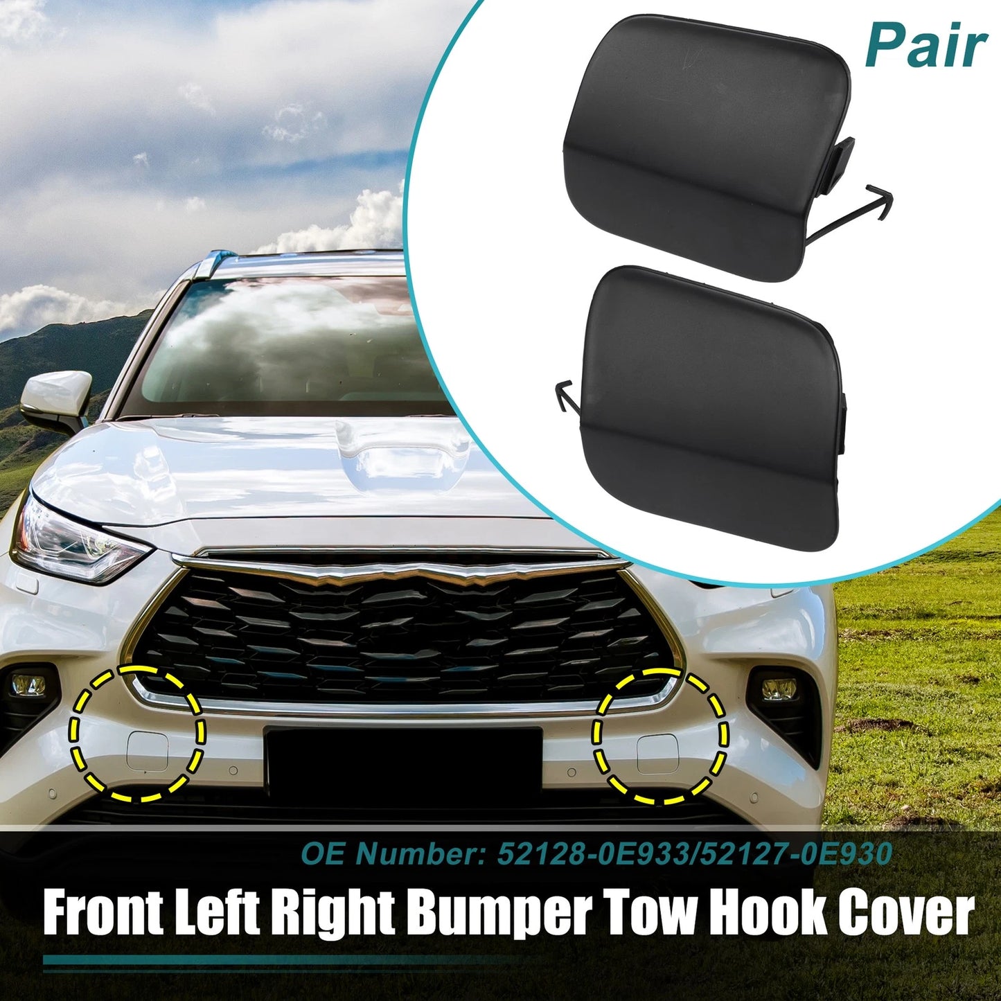 1 Pair Front Bumper Tow Hook Cover for Toyota Highlander (No. 52128-0E933) Black