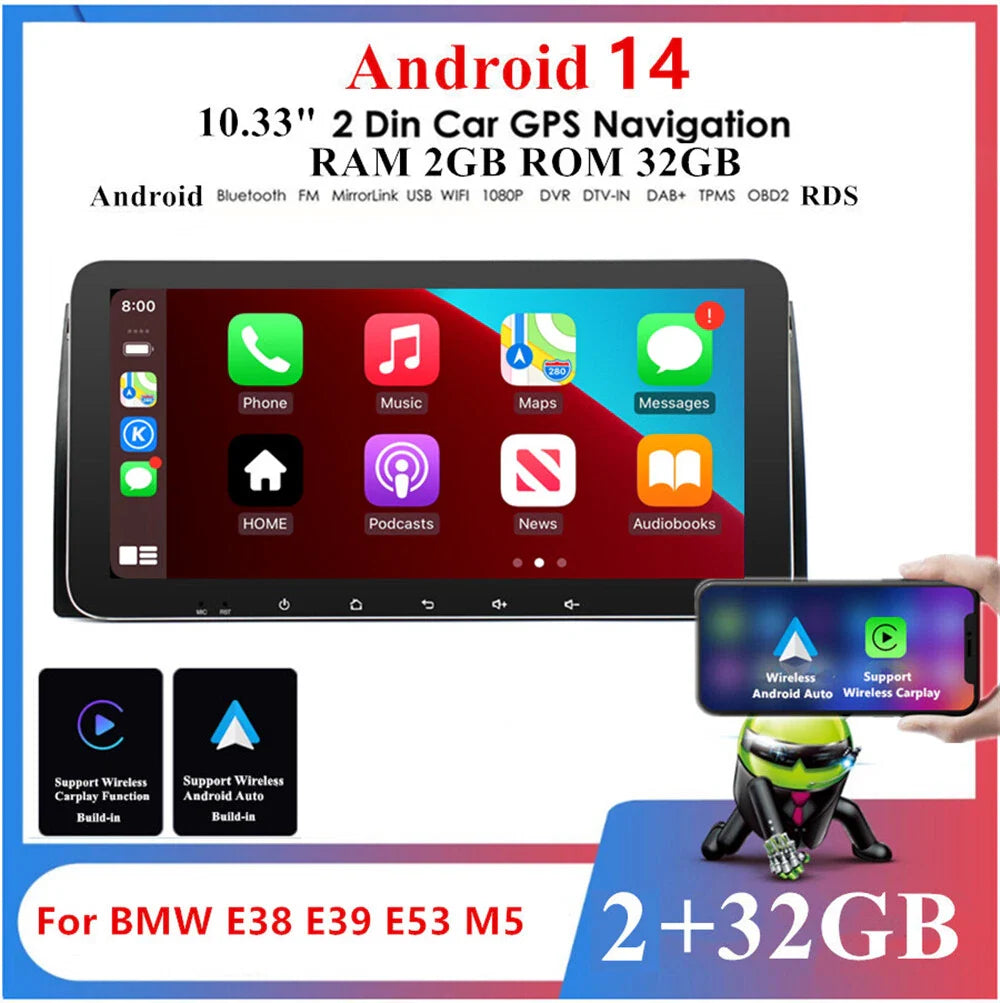 10.33'' Car Stereo Radio with Carplay GPS for BMW E38 E39 E53 M5 X5 (1995-2006)