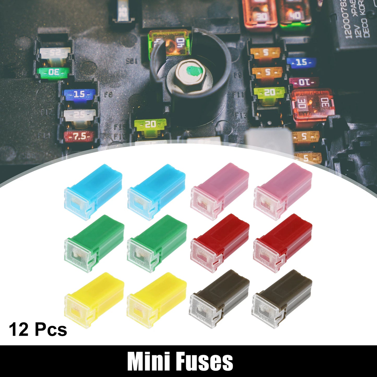 Set of 12 Mini Block Fuses 20A 30A 40A 50A 60A 70A for Car Trucks (32V)