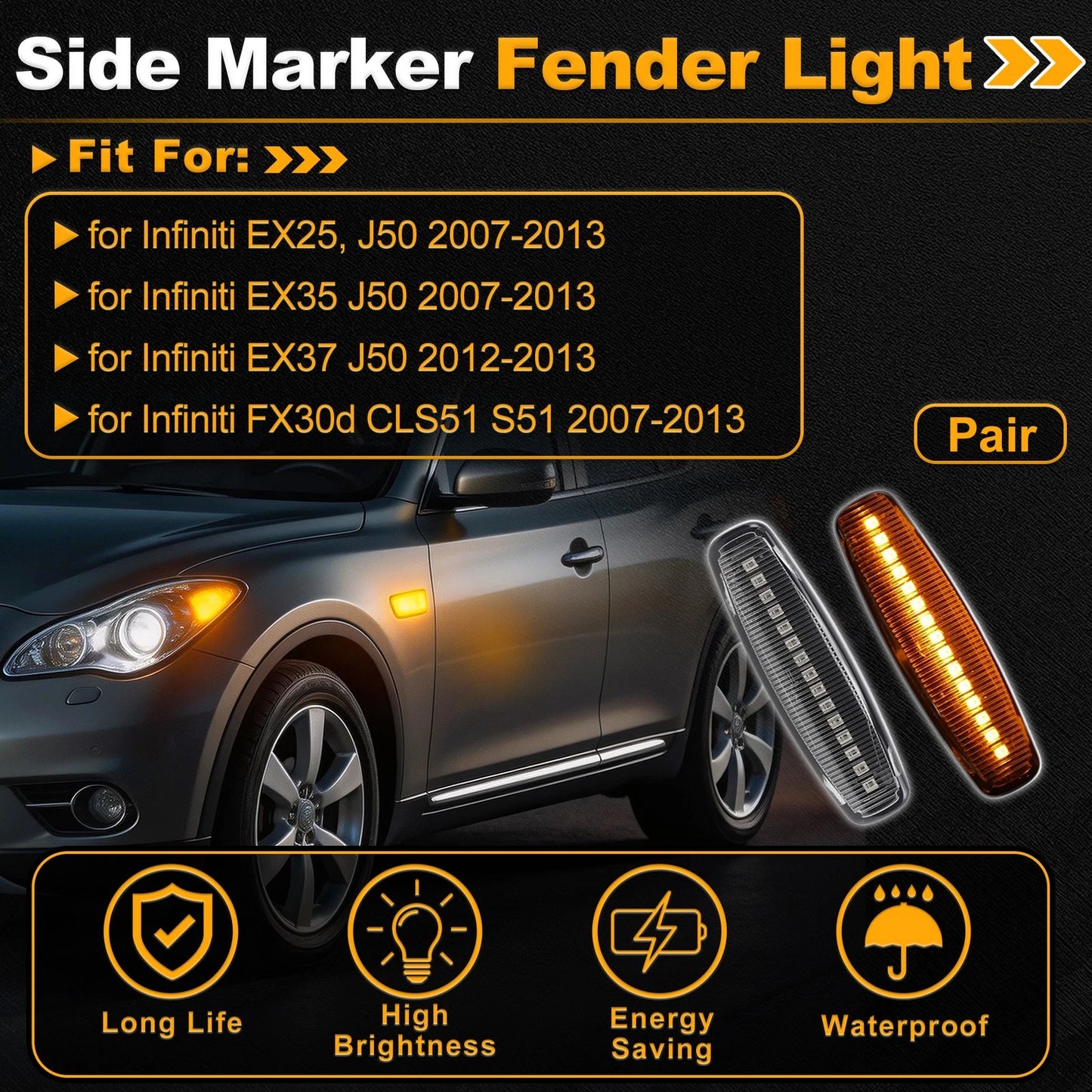 Dynamic Amber LED Side Marker Fender Light for Infiniti EX25 (2013–2013)