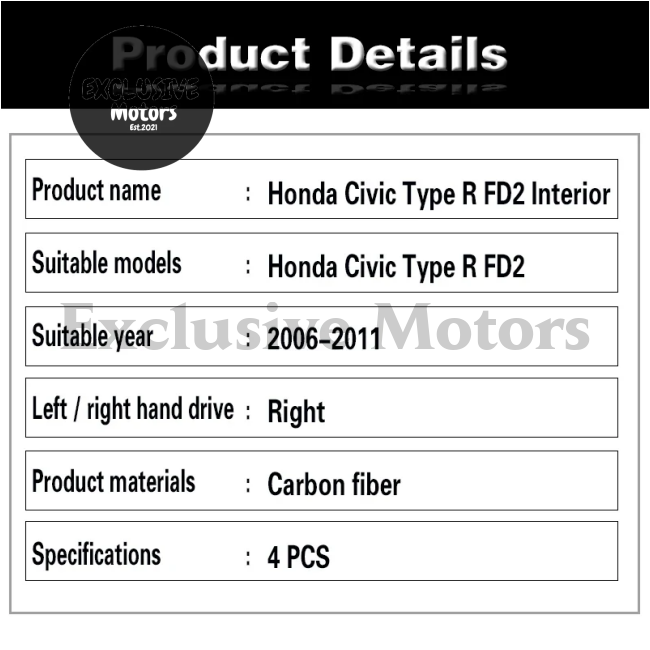 4Pcs Real Carbon Fiber Interior Trim For Honda Civic Type R Fd2