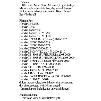 1 Pair Motorcycle Rearview Side Mirrors For Honda CB400SS VT750 CBF500 04-05 Generic