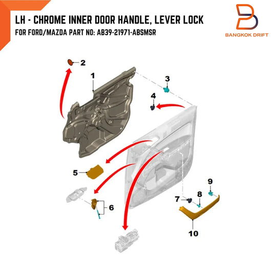 LH Chrome Inner Door Handle for Ford Ranger, Everest, Mazda BT-50 (12-21)