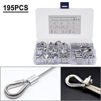 195Pcs M2/3/4/5 Thimble & 6-Size Aluminum Crimping Loop Sleeves