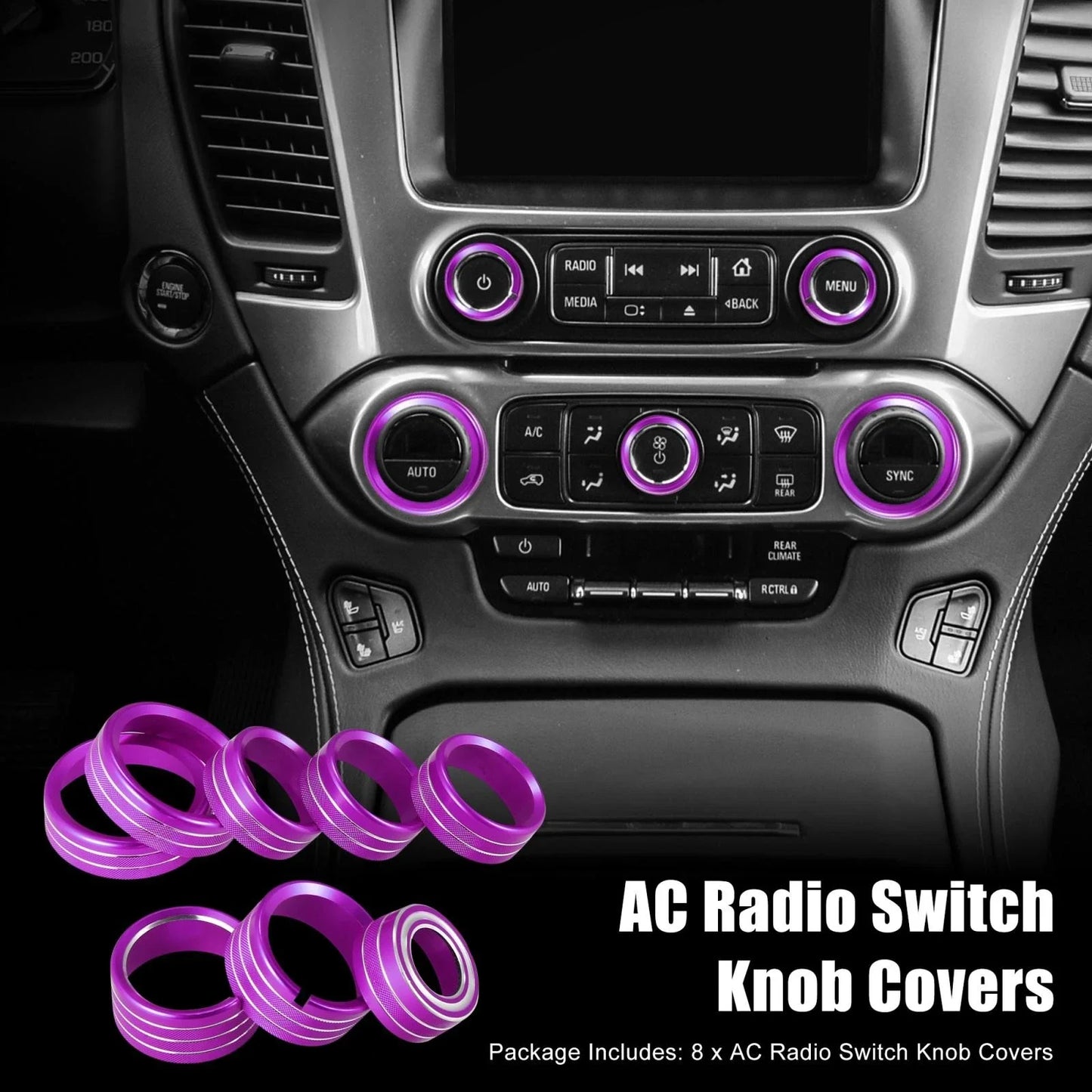 8 x Knob Covers Purple AC Switch for Chevy Silverado/GMC Sierra (2014-2018)
