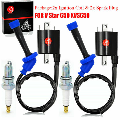 Set of 2 Ignition Coils & Spark Plugs for Yamaha V Star 650 (1998–2016)