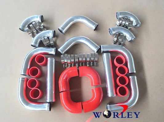 3" Aluminum Universal Intercooler Turbo Piping & RED Hose Kits for Cars