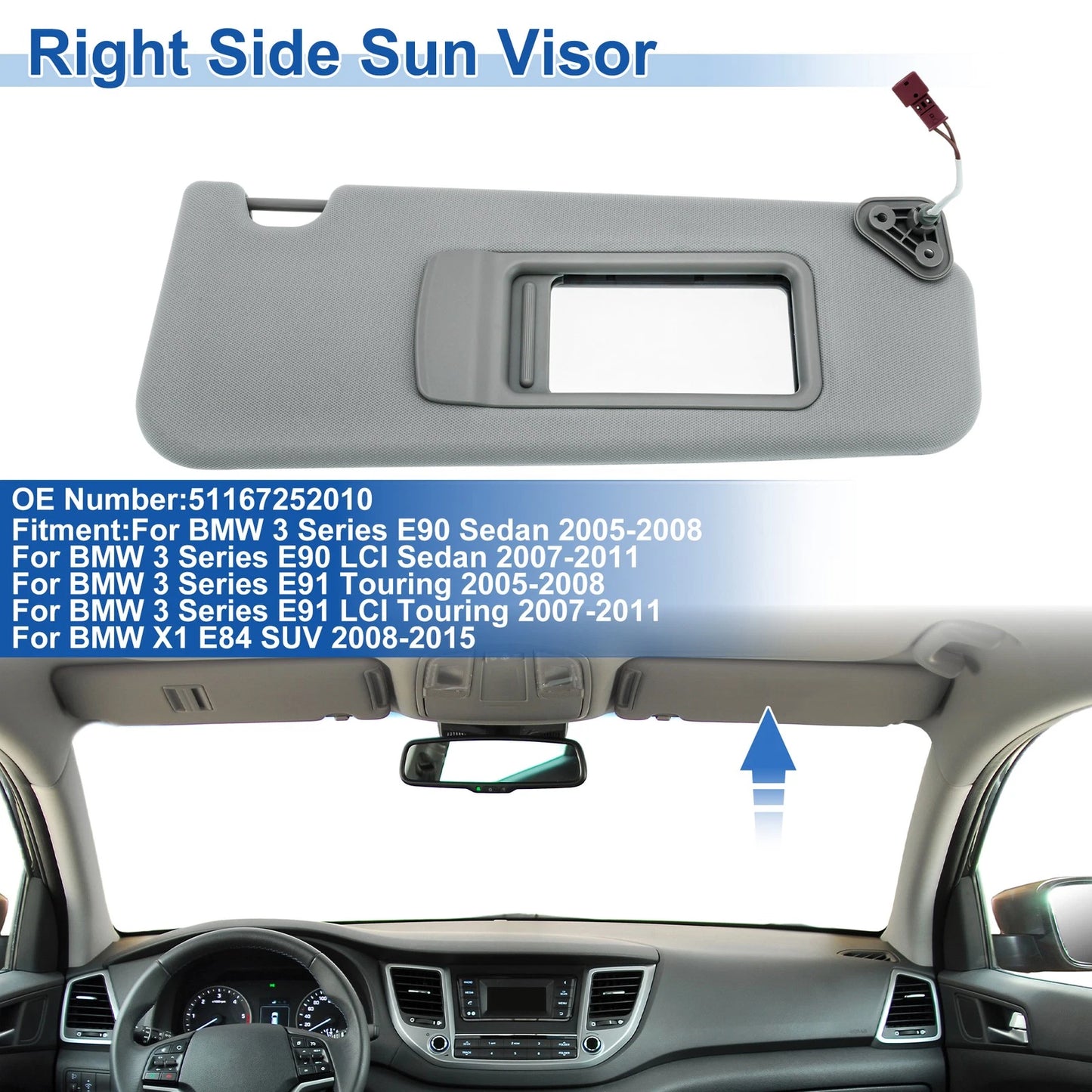 Right Side Sun Visor for BMW 3 Series E90 (2006–2013) No. 51167252010 Gray