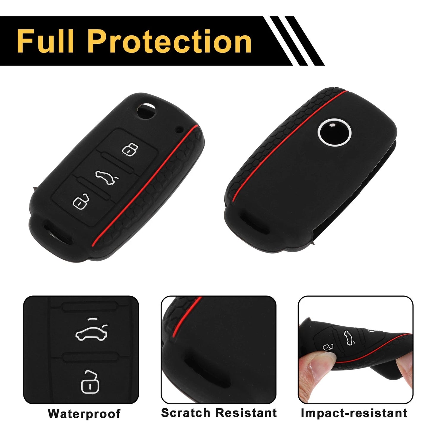 Silicone Car Key Case for VW Up (2011–2023) - Black Red, 3 Buttons