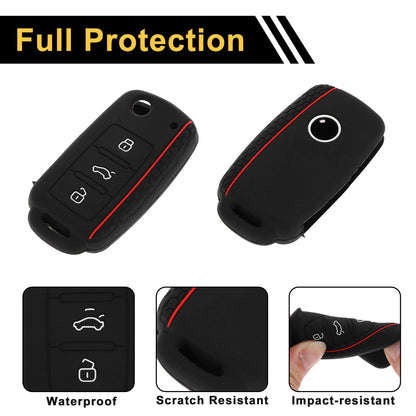 Silicone Car Key Case for VW Up (2011–2023) - Black Red, 3 Buttons