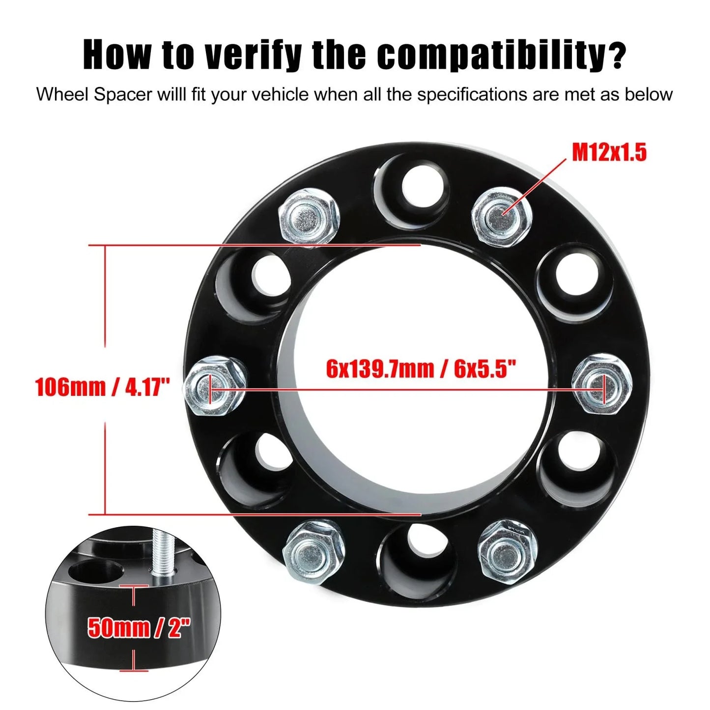 4pcs 2" Thick M12x1.5 6x5.5" Wheel Spacers Adapters