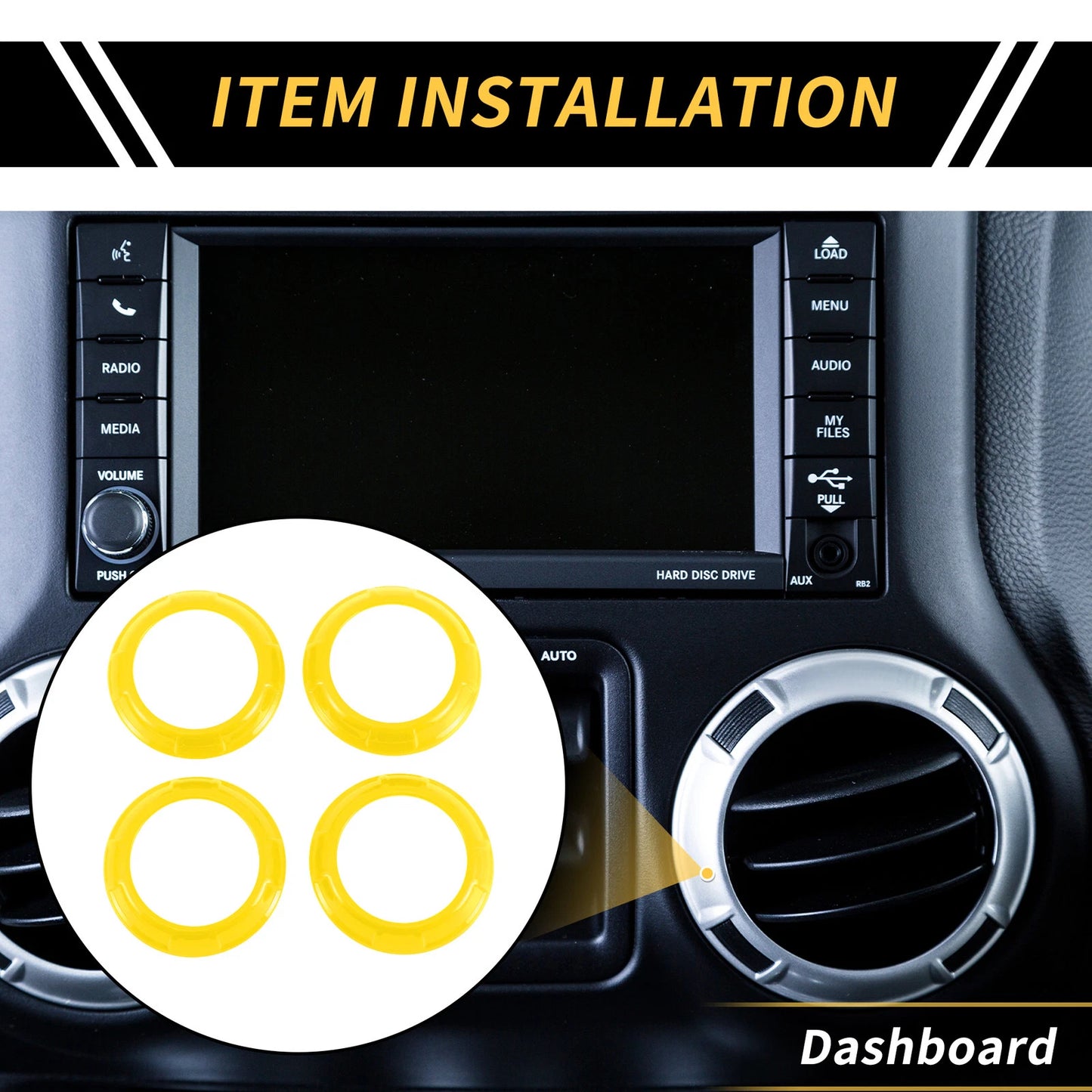 Set of 4 AC Vent Dashboard Decoration Rings for Jeep Wrangler JK JKU (2011–2017) Yellow